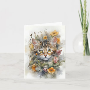 Chat tigré gris avec fleurs Carte de vœux vierge 