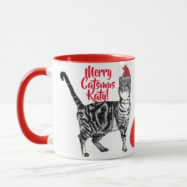 Chat tigré Merry Catsmus Tasse de Noël rouge (Gauche)
