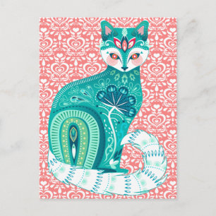 Chat turquoise Maximaliste en Folk Floral - Carte 