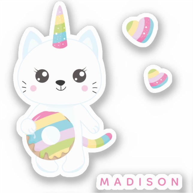 Chat Unicorne mignonne avec Sticker Rainbow Hearts (Recto)