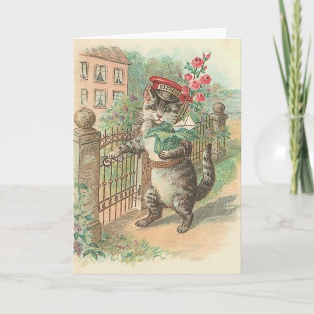 Chat vintage livrant la carte de note de fleurs (Devant)