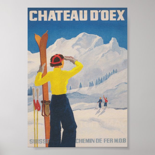 Chateau D'oex Switzerland Vintage Ski Travel Poster (Front)
