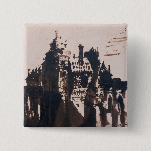 Chateau fortified by two Bridges 2 Inch Square Button (Front)