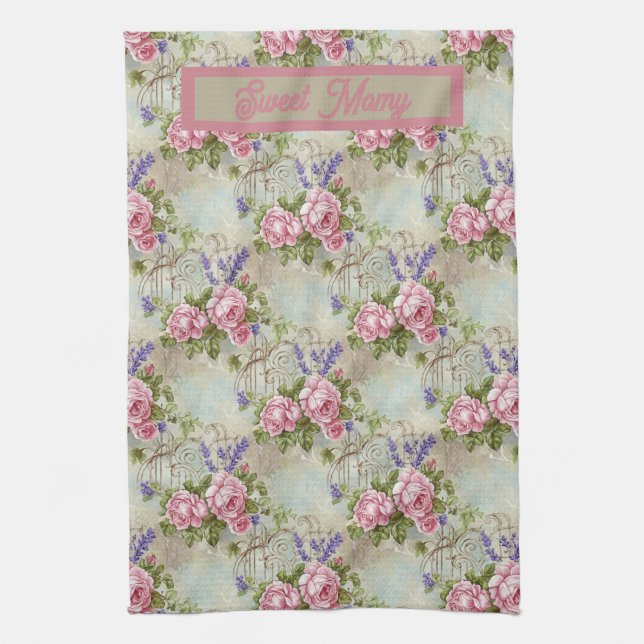 ChateauCore Pink Rose and Lavender Shabby Chic Kitchen Towel (Vertical)