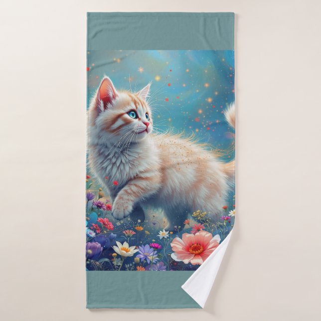 chaton dans les fleurs des champs (Serviette de bain)
