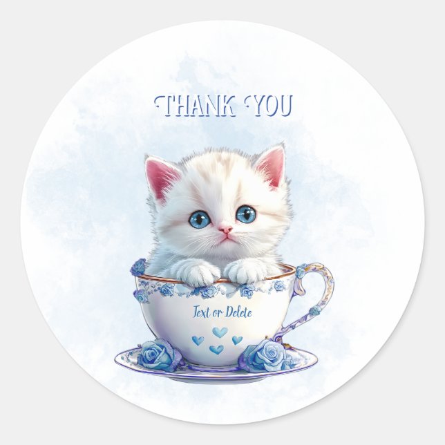 Chaton en Coupe Bleu Fleurs Sticker (Devant)