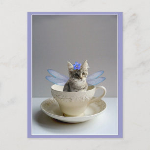 Chaton mignon en carte postale de tasse de thé