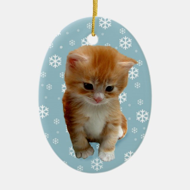 Chaton rouge mignon, flocons de neige sur ornement (Devant)