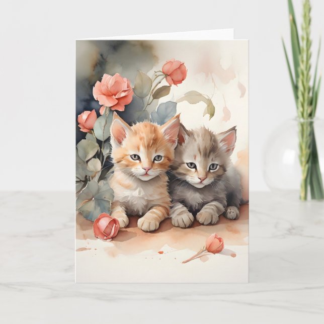 Chatons Tabby Aquarelle Câlinant Fleurs Carte (Devant)