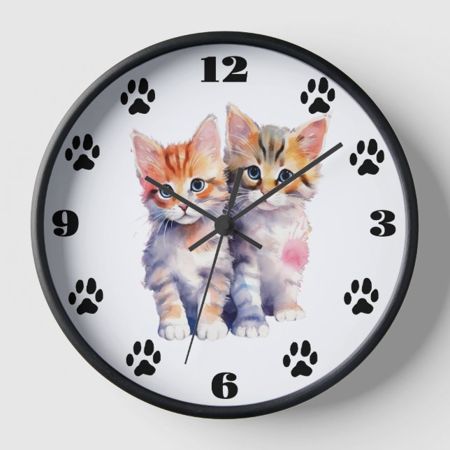 Chatons Whimsical Aquarelle Horloge murale (Recto)