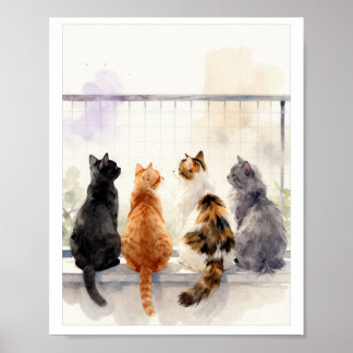 Chats à l'aquarelle sur balcon – Art mural pour am