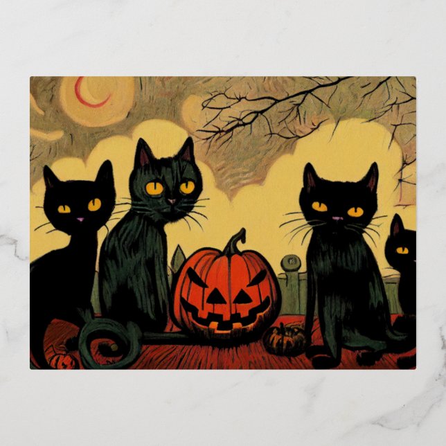 Chats d'Halloween noirs avec carte de citrouille (Recto)