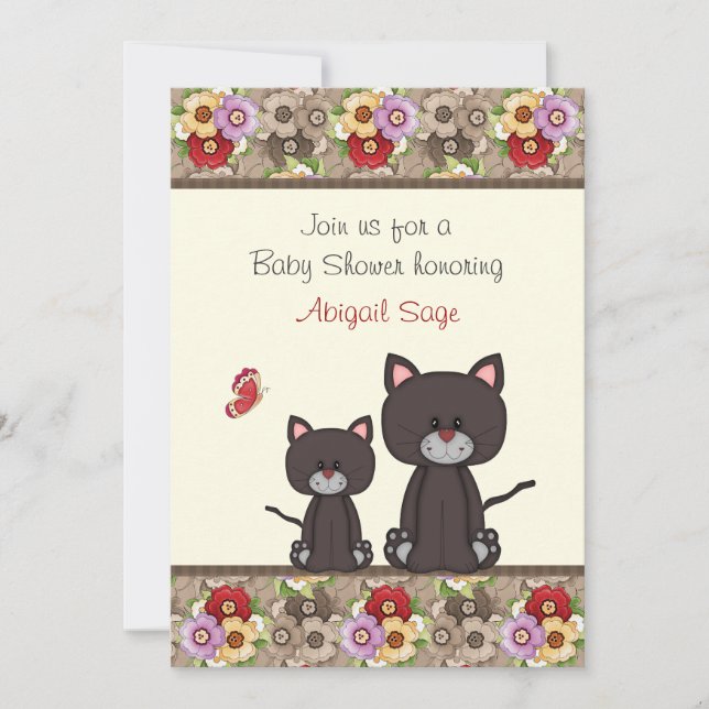 Chats et fleurs Baby shower Invitation pour filles (Devant)