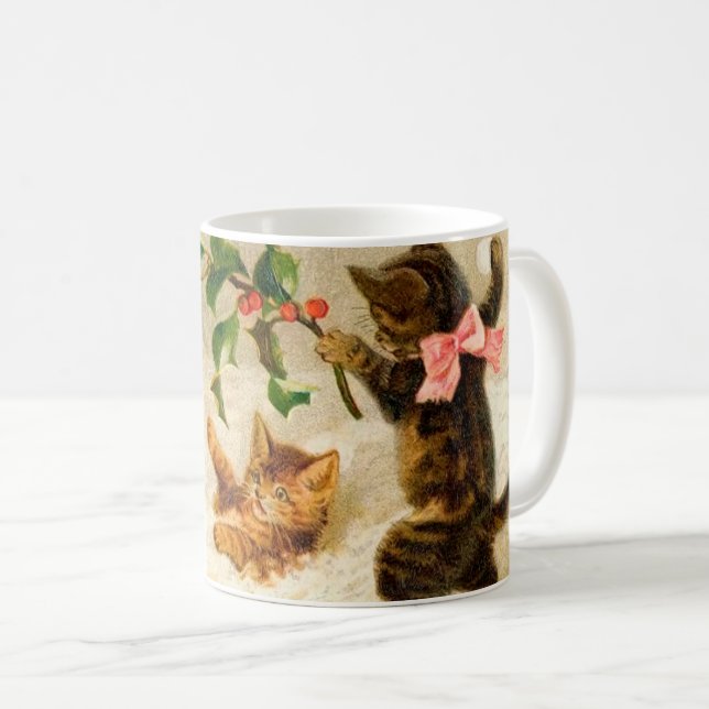 Chats jouant dans la neige Vintage Christmas Mug (Devant droit)