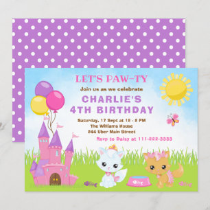 Chats Kittens Château Rose Anniversaire Invitation
