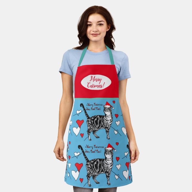 Chats mignons Chats Joyeux Noël Rouge Bleu tablier (Porté)