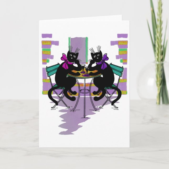 chats noirs boire carte de voeux vin (Devant)