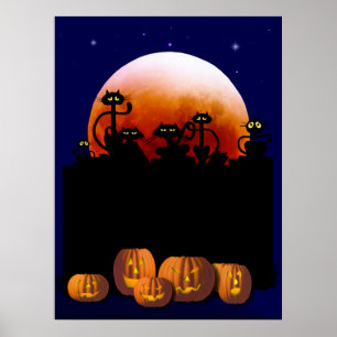 Chats noirs, Lune, Poster Citrouille