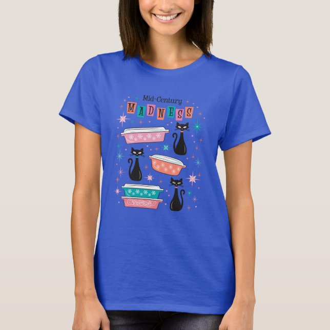 Chats noirs mi-siècle rétro Kitty Pyrex T-Shirt (Devant)