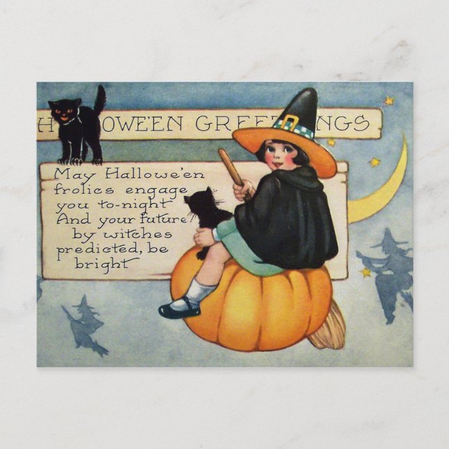 Chats noirs sorcière Halloween carte postale Vinta (Devant)