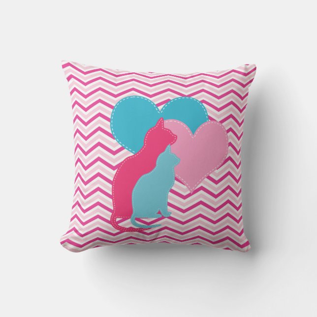 Chats roses et bleus sur Coussin ChevronThrow (Recto)