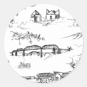 Chattanooga Toile Black and White Classic Round Sticker