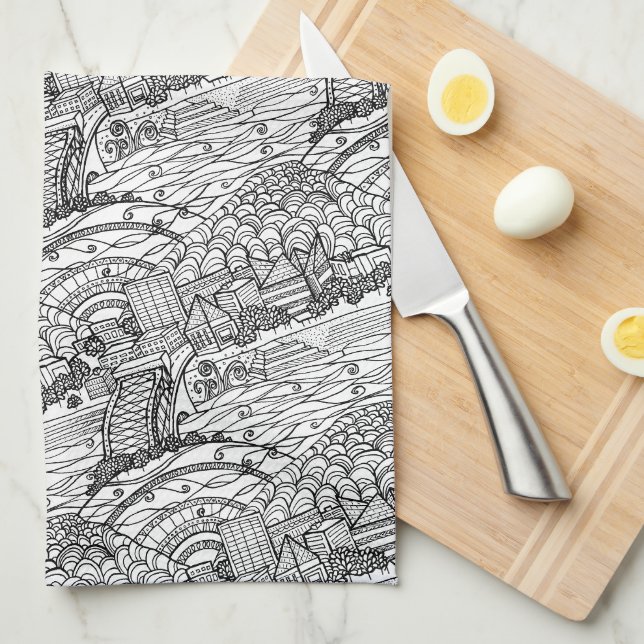 Chattanooga Whimsy Black and White Kitchen Towel (Quarter Fold)