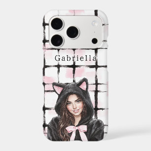Chatte Brunette à Carreaux Noirs Roses et Rayures