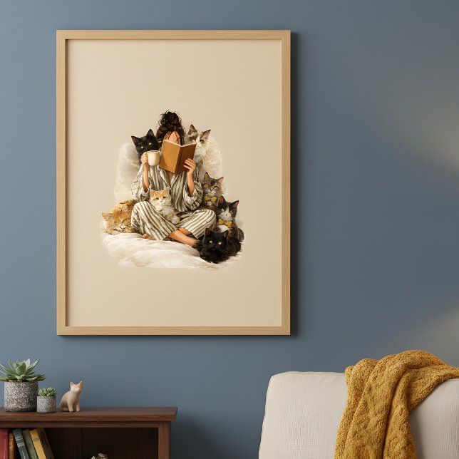 Chatte Douillette lisant & Café Affiche (Créateur téléchargé)