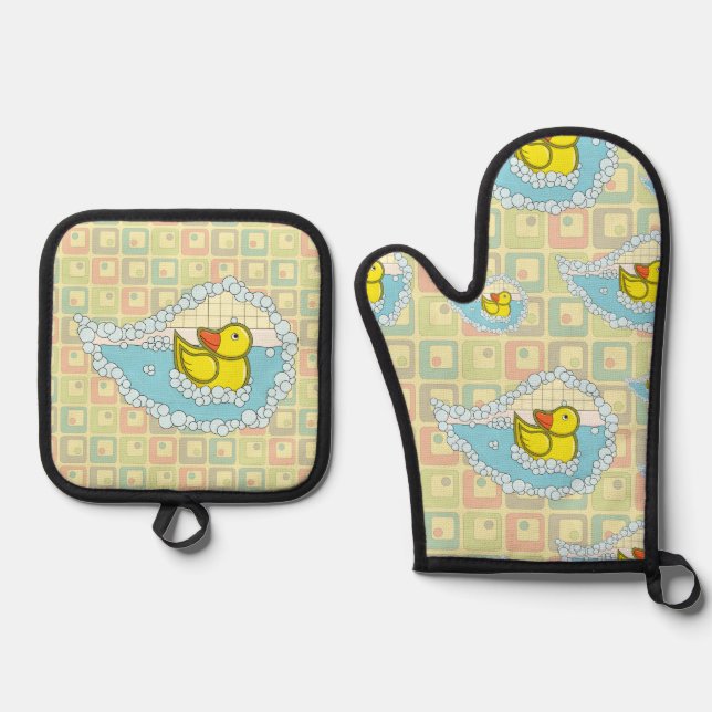 Chaucer the Rubber Duck Oven Mitt & Pot Holder Set (Front)