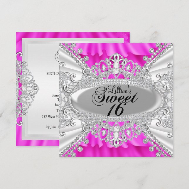 Chaud rose étincelle Diamond Sweet 16 Invitation (Devant / Derrière)