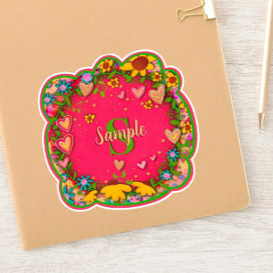 Chaud rose Floral Nom Initiale Sticker Inspirivity