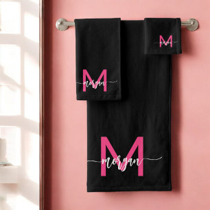 Chaud rose noir moderne Script Girl Monogramme Nom