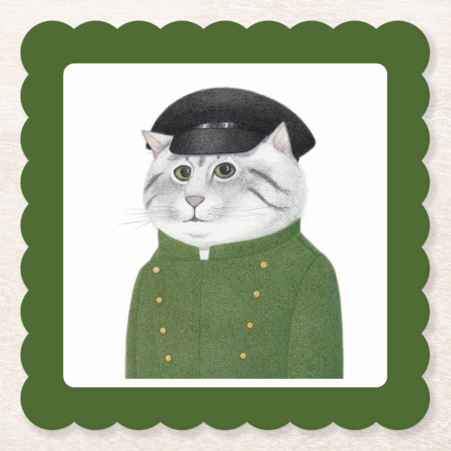 CHAUFFEUR CAT Scalloped Square Paper Coasters  (Front)