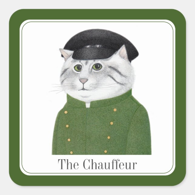 CHAUFFEUR CAT Small Square Stickers + Text (Front)