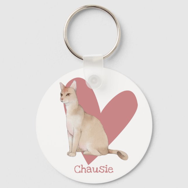 Chausie Cat Watercolor Kitty Pink Heart Keychain (Front)