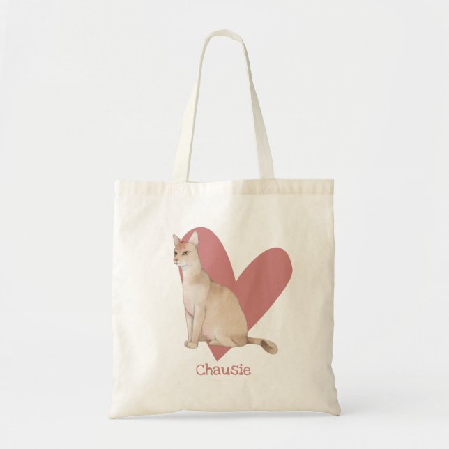 Chausie Cat Watercolor Kitty Pink Heart Tote Bag (Front)