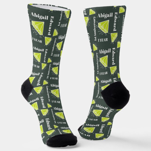 Chaussette 1er Anniversaire Mariage vert perdot gem personnal (Angulaire)