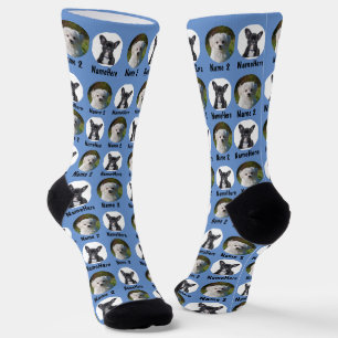 Chaussette 2 Chiens 2 Noms Personnalisé Chien Photo Bleu