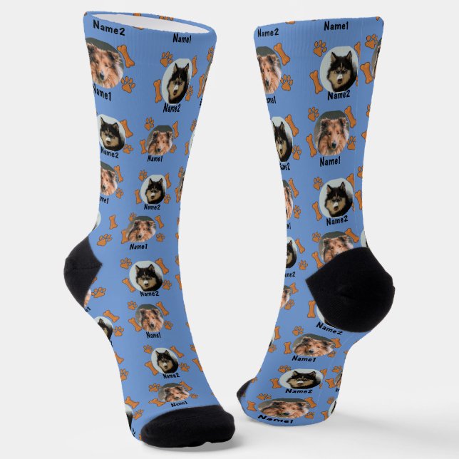 Chaussette 2 Chiens Photos 2 Noms + Bones & Empreintes de pat (Angulaire)