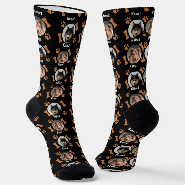 Chaussette 2 Chiens Photos 2 Noms + Bones & Empreintes de pat (Angulaire)