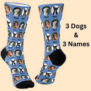 Chaussette 3 Chiens, 3 Noms, Photo Chien - Bleu Personnalisé