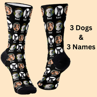 Chaussette 3 Chiens, 3 Noms, Photo Chien - Noir Personnalisé
