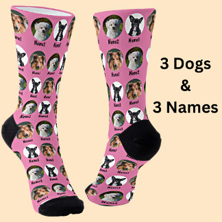 Chaussette 3 Chiens, 3 Noms, Photo Chien - rose personnalisé