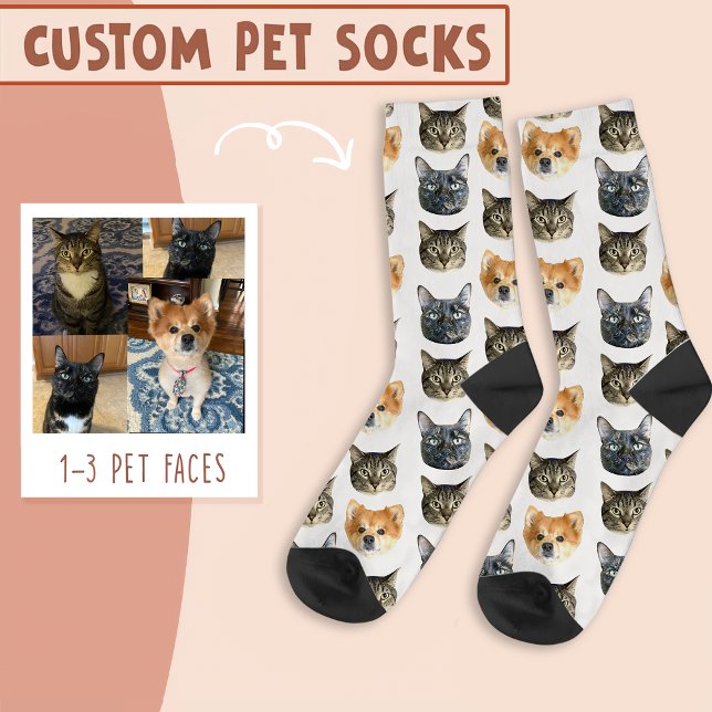Chaussette 3 Visage de chat et de chien Personnalisé sur blan (Créateur téléchargé)