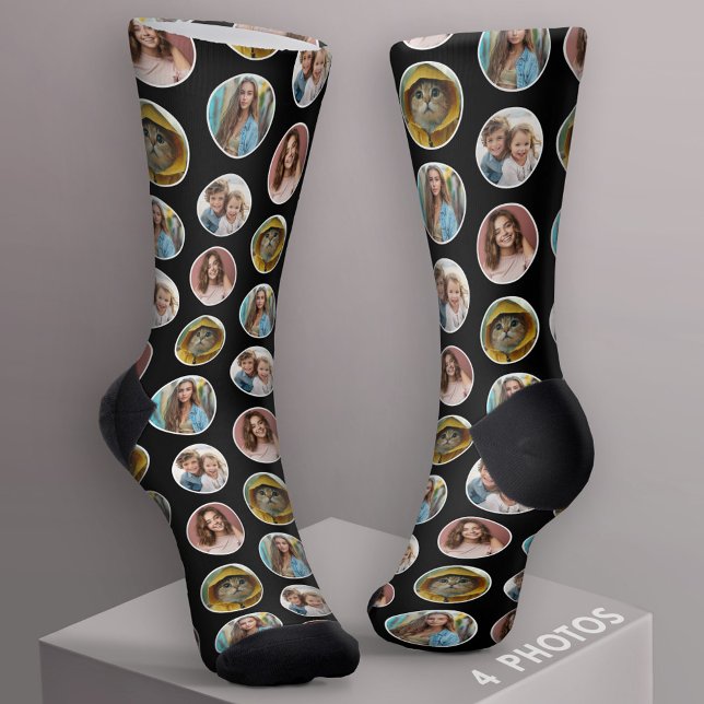 Chaussette 4 Photo Bordure Cercle - Noir Blanc (Custom Socks with Photo Collage)