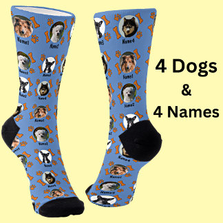 Chaussette 4 photos de chiens et 4 noms + os et Empreintes de