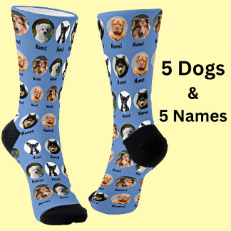 Chaussette 5 Chiens, 5 Noms, Photo Chien - bleu personnalisé