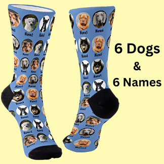 Chaussette 6 Chiens, 6 Noms, Photo Chien - bleu personnalisé