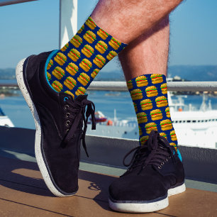 Chaussette 8 bits Pixel Art Burger amusant Geeky Marine Bleu